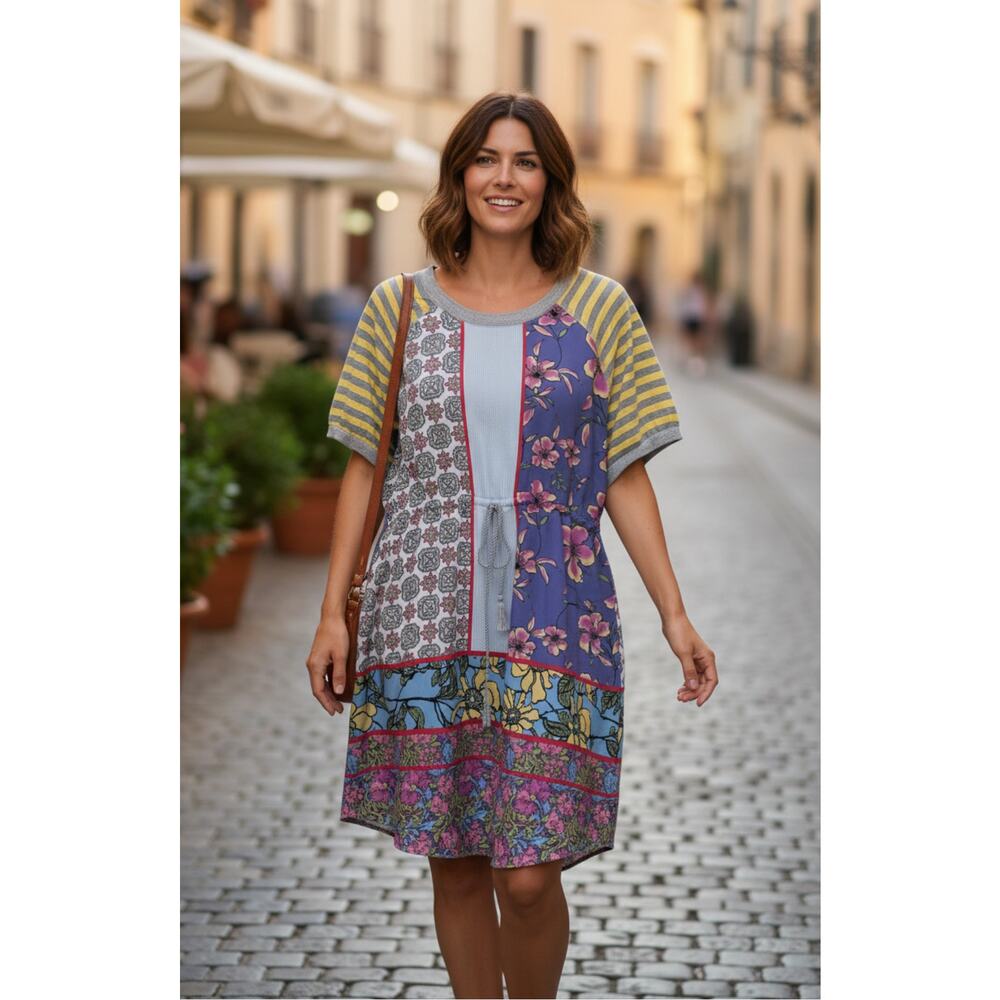 Uncle Frank Patchwork Mini Dress in Blue, Yellow, Pink and Gray